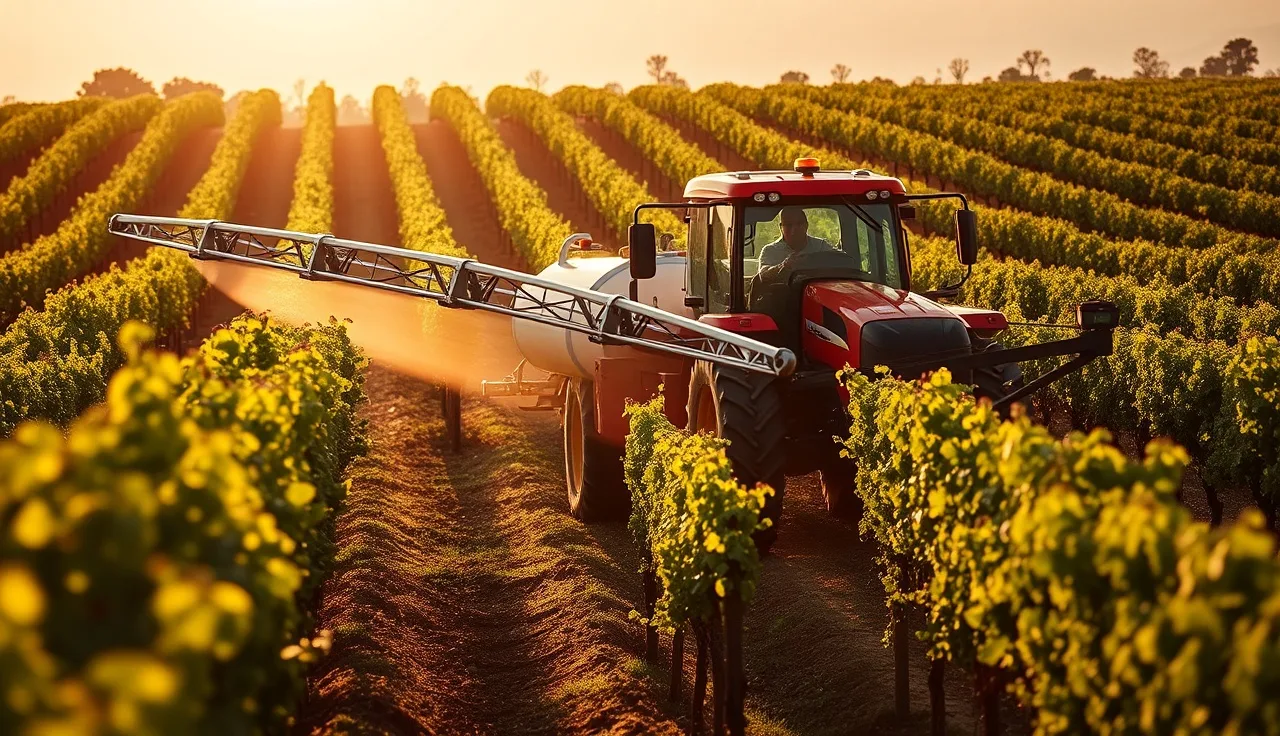 Tractor pulling a boom sprayer between grapevine rows in morning light