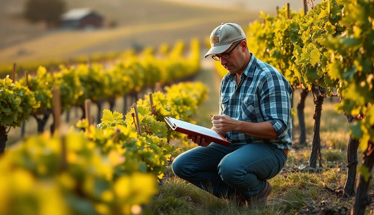 Vineyard manager reviewing crop documentation notes between grapevine rows at dawn