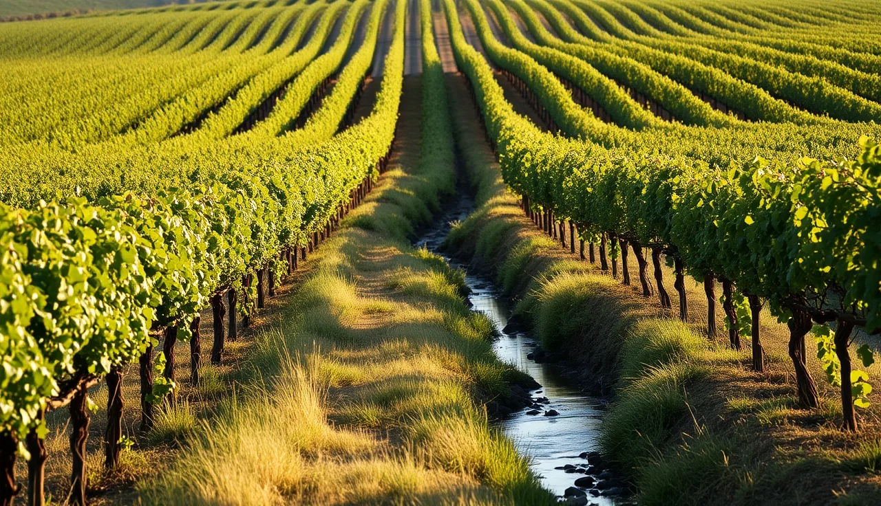Vineyard rows meeting a vegetated riparian buffer along a shallow creek