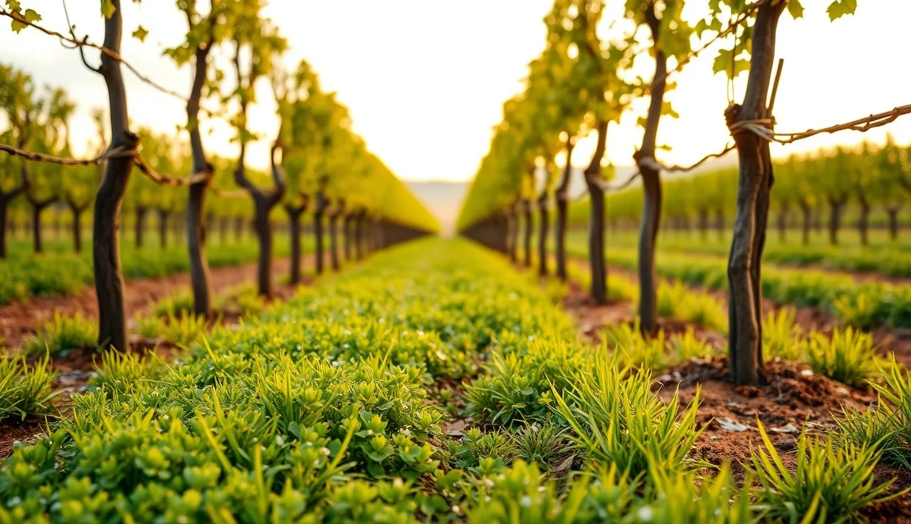 Green cover crop growing between dormant vine rows in a California vineyard