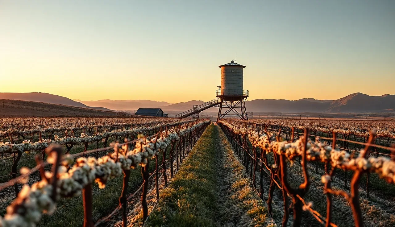 Wind machine tower standing above frost-covered dormant grapevine rows at pre-dawn