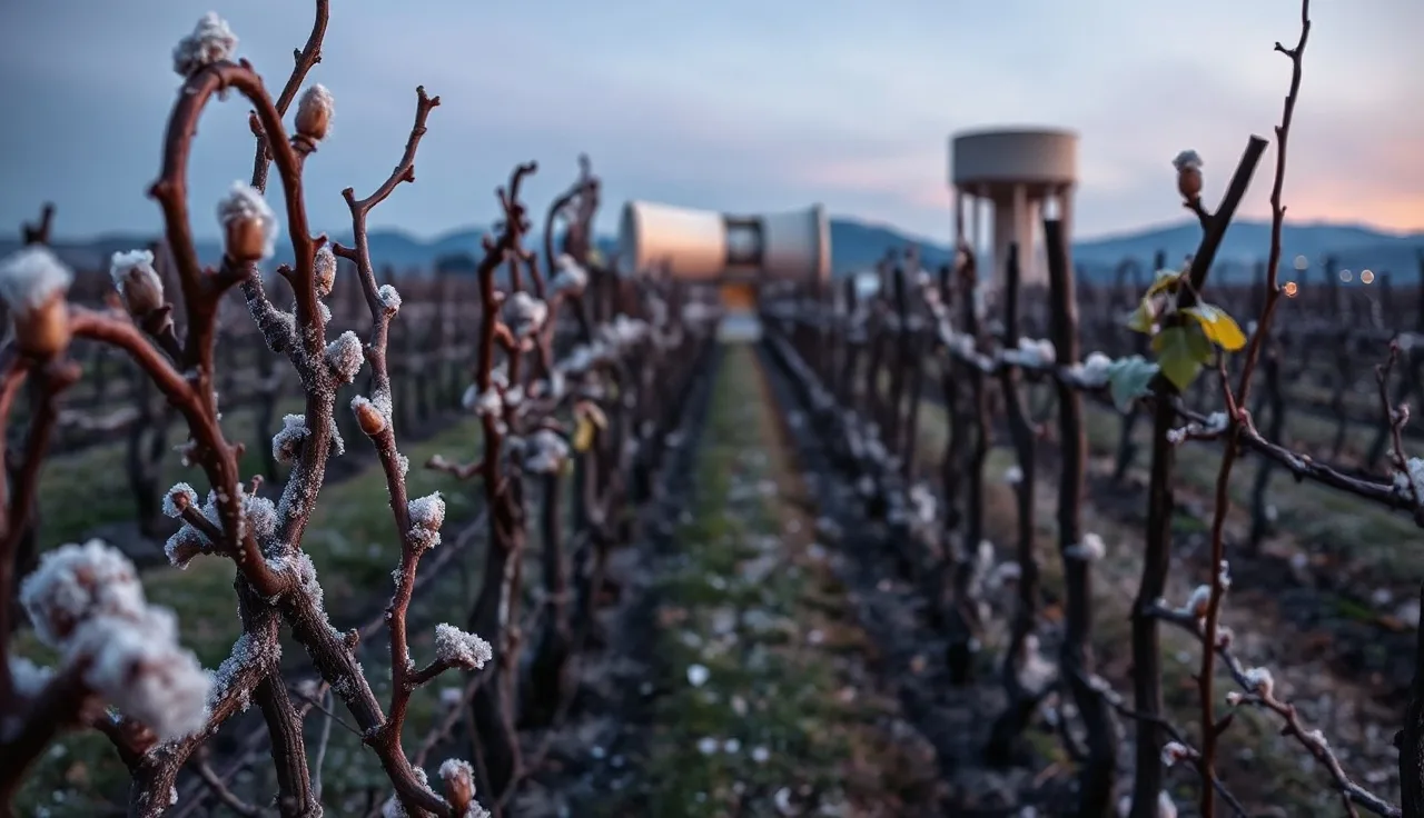 Frost-covered grapevine buds at dawn with a wind machine tower in the vineyard rows