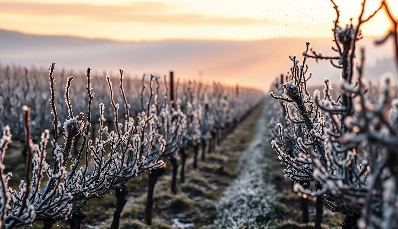 Frost irrigation sprinklers coating grapevine buds in ice during a cold spring dawn