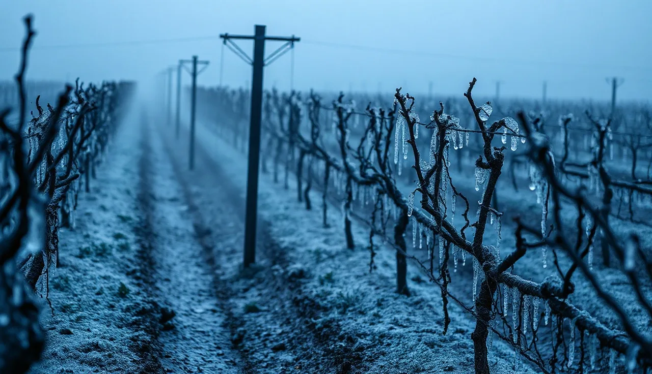 Overhead frost protection sprinklers coating grapevine canes with ice at pre-dawn in a vineyard