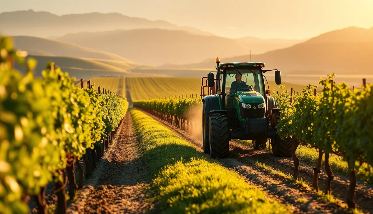 Tractor with shielded undervine herbicide sprayer moving through vineyard rows at dawn