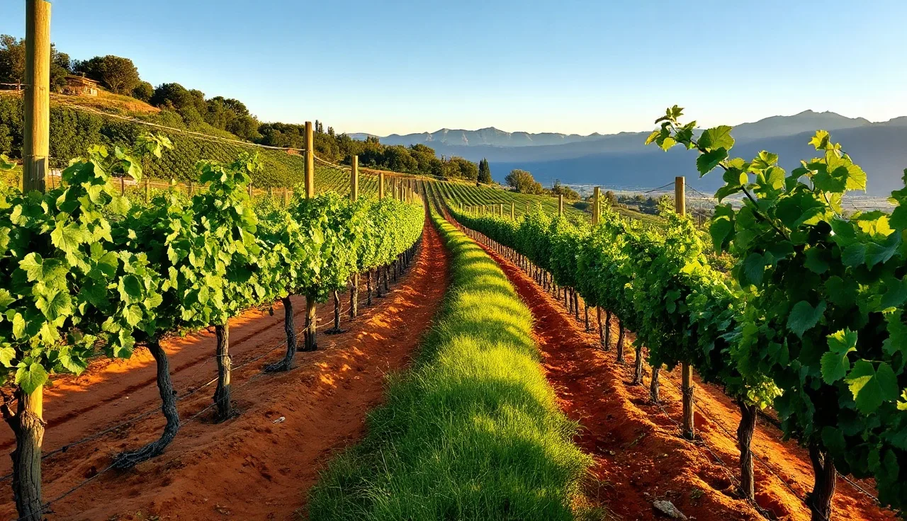 Rows of mature grapevines on a hillside vineyard at golden hour