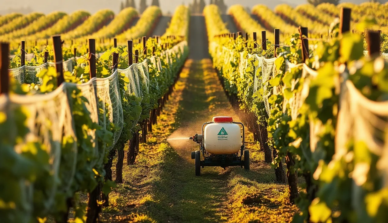 Vineyard worker spraying fungicide under white bird netting on mature grapevines