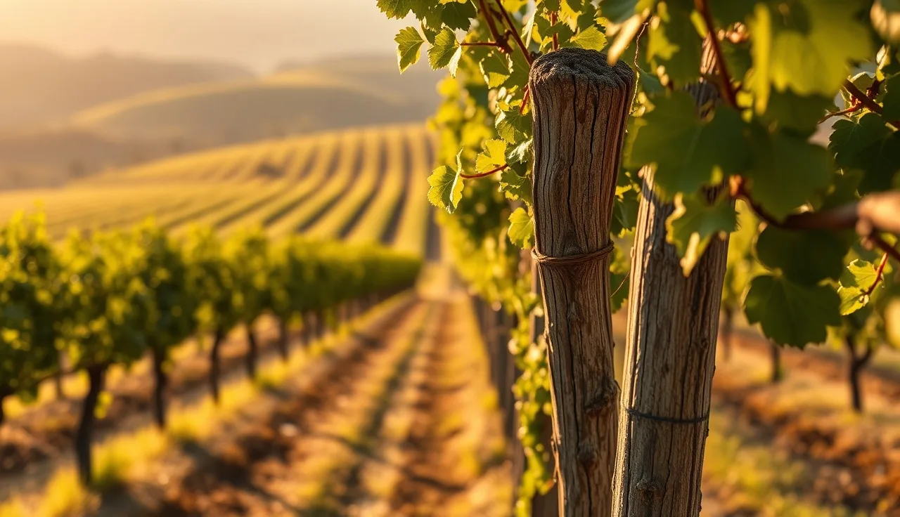 Dew-covered vineyard rows at dawn with wooden stake and green canopy