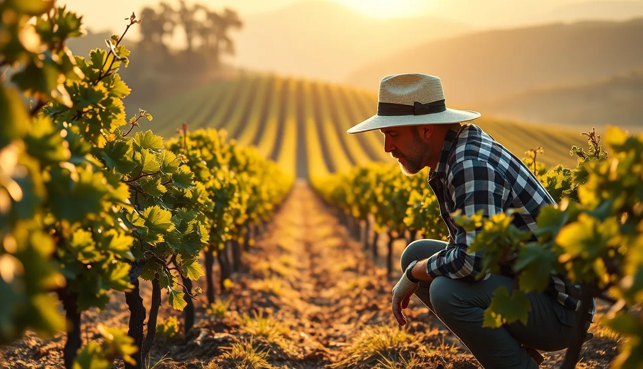 Vineyard manager examining grapevine canopy in a sloping hillside vineyard at golden hour