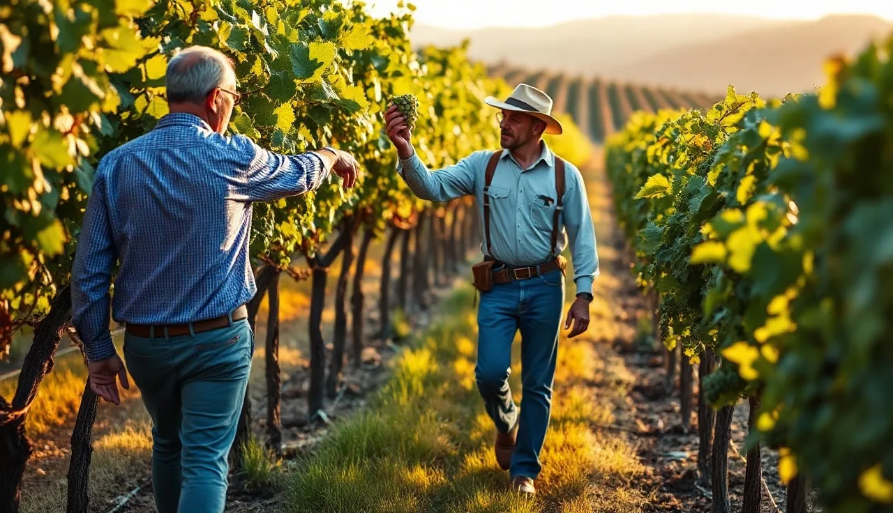 Vineyard consultant and grower walking between grapevine rows examining canopy and clusters