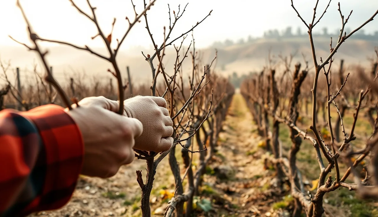Vineyard worker pruning dormant grapevines with hillside rows in the background