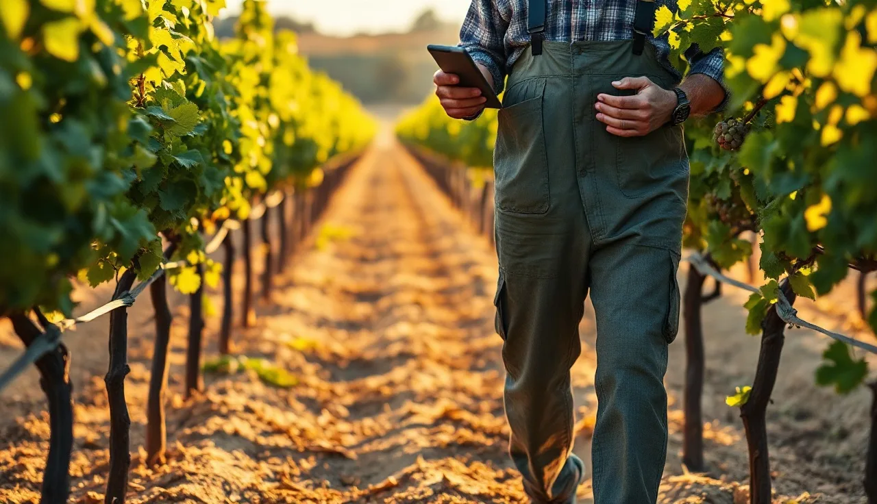 Vineyard manager using a tablet to log records while walking between grapevine rows