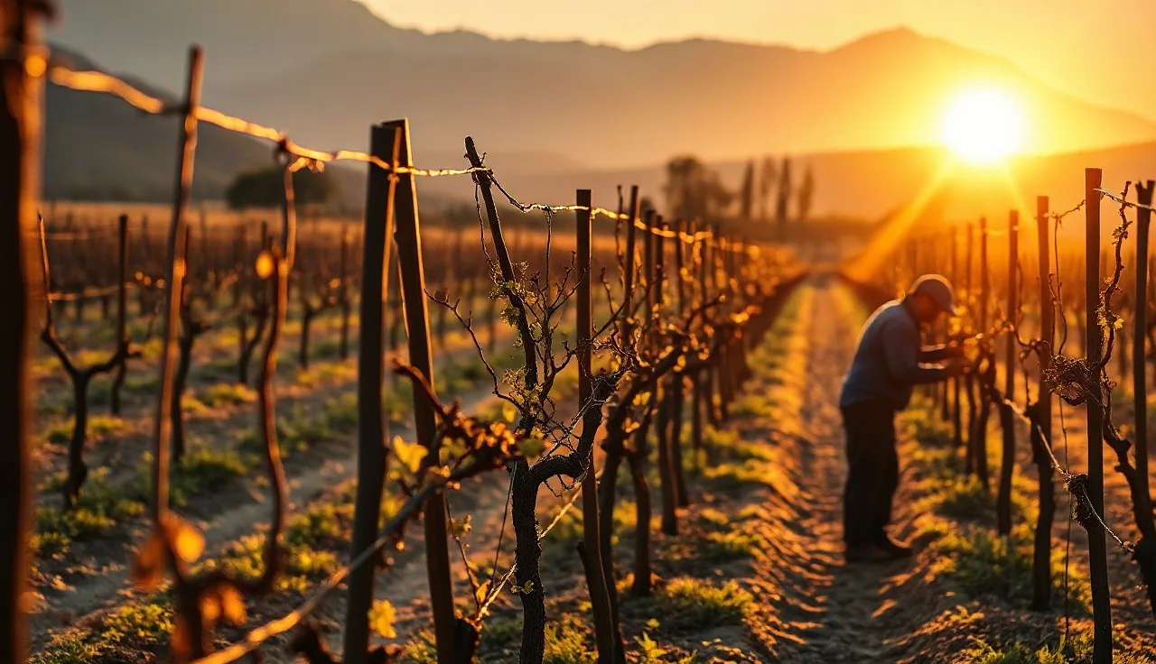 Vineyard worker pruning dormant grapevine canes at sunrise in a trellised row
