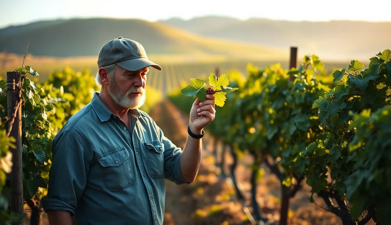 Vineyard worker scouting grape leaves for pest damage between vine rows