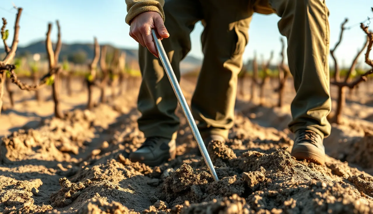 Vineyard worker collecting a soil core sample between dormant grapevine rows
