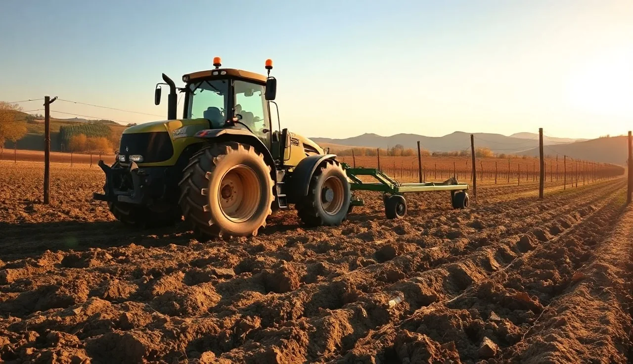 Tractor deep-ripping dry vineyard soil with a subsoiler on a sunny afternoon