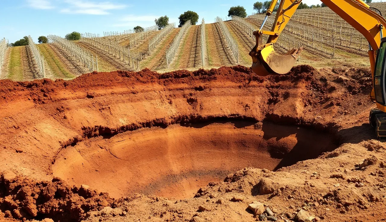 Open soil pit exposing distinct horizons in a hillside vineyard block