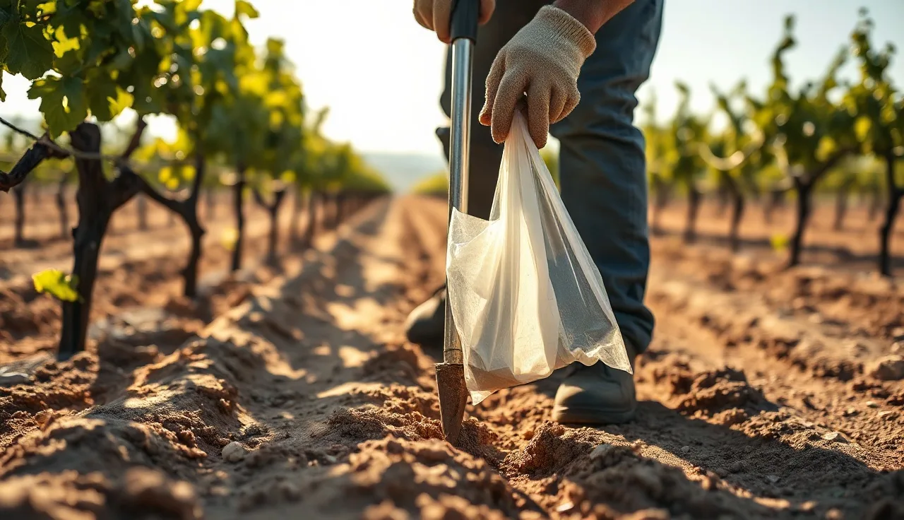 Vineyard worker taking a soil core sample between grapevine rows at dawn
