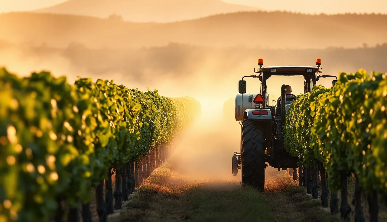Airblast sprayer applying pesticide down a vineyard row in early morning light