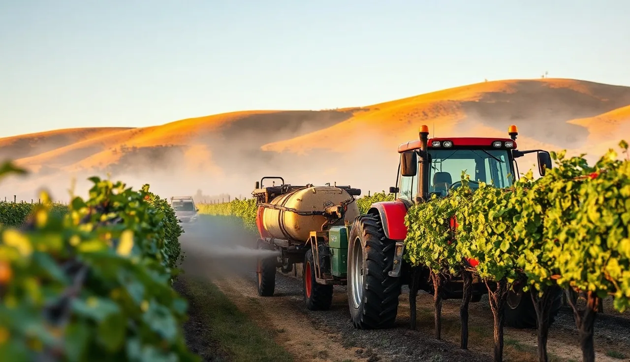Tractor with airblast sprayer applying mist through vineyard rows at dawn