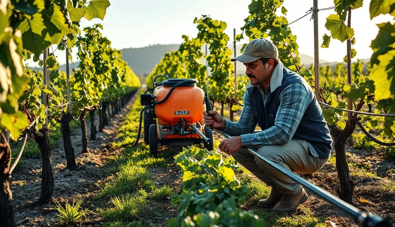 Vineyard worker inspecting airblast sprayer nozzle between vine rows at dawn