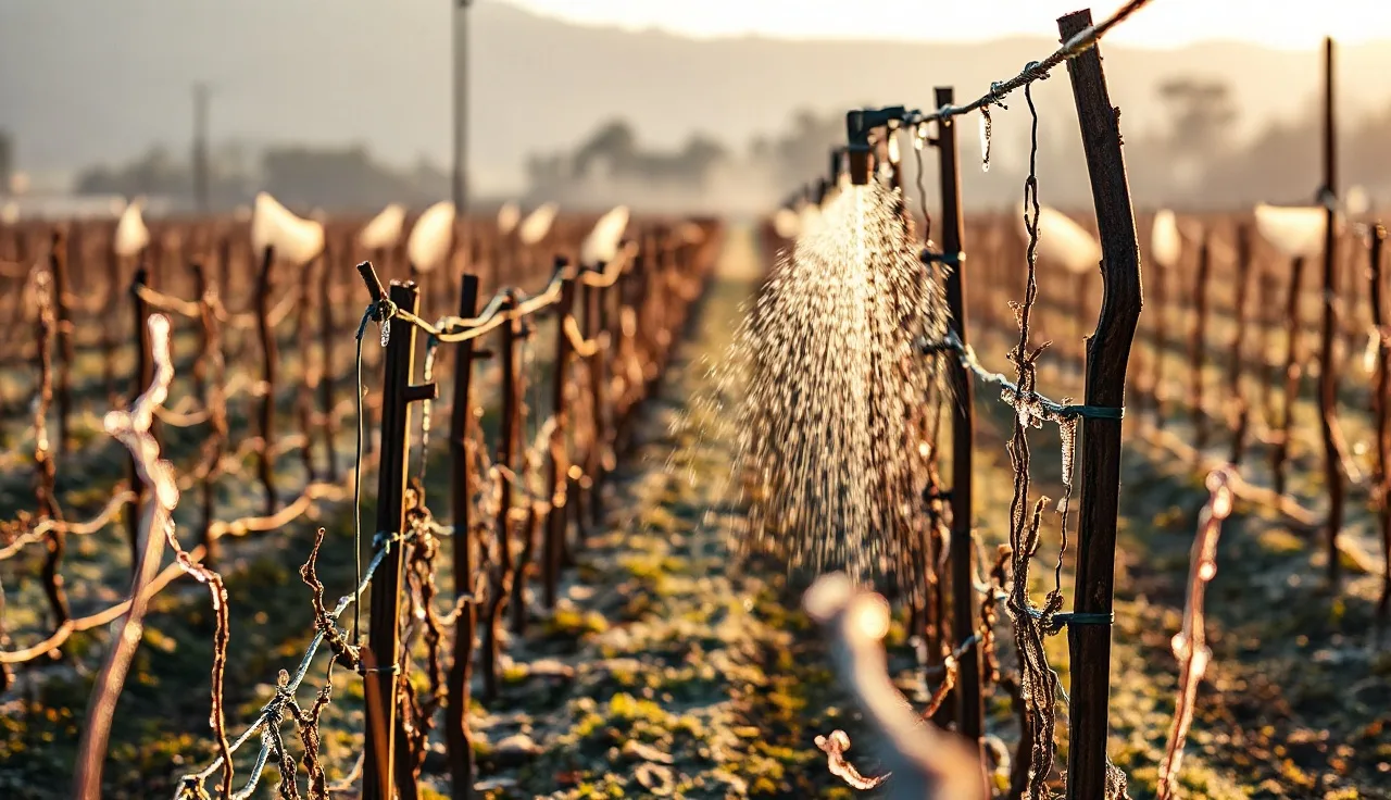 Overhead sprinklers spraying water over icy vineyard rows at dawn during frost protection