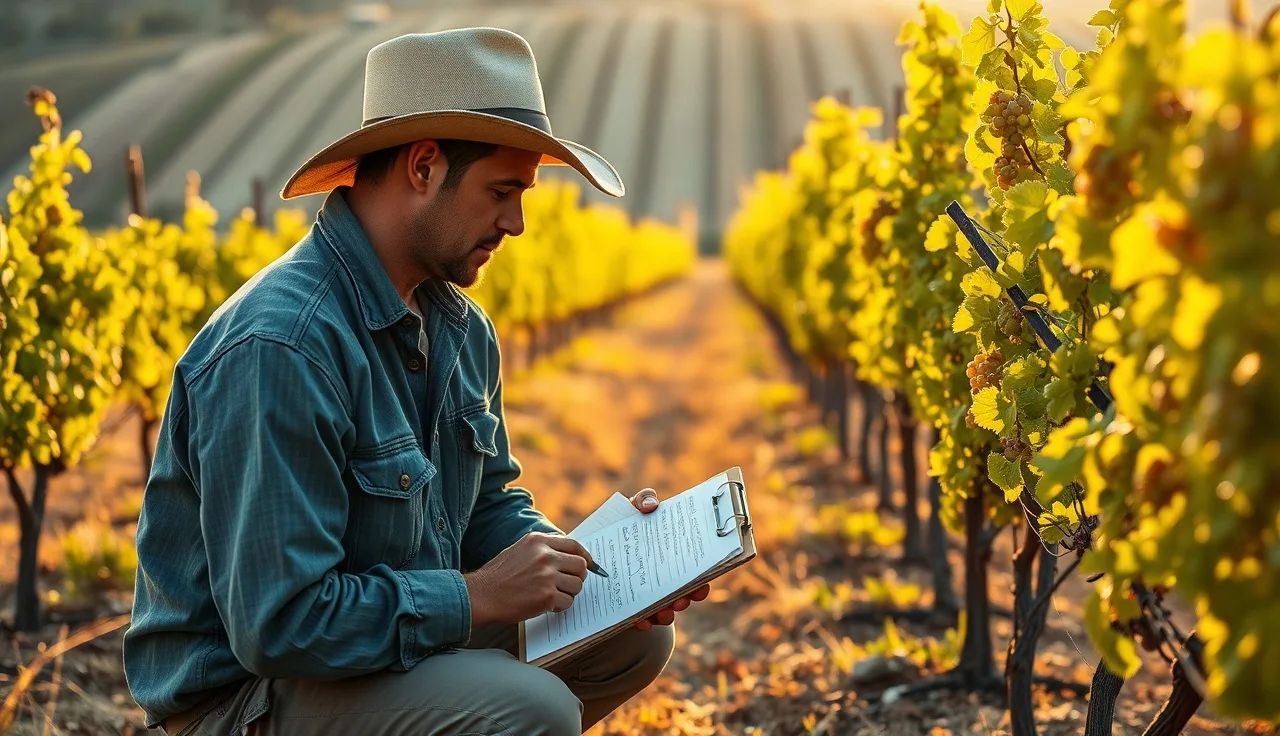 Vineyard worker reviewing spray records in a grape block at harvest season