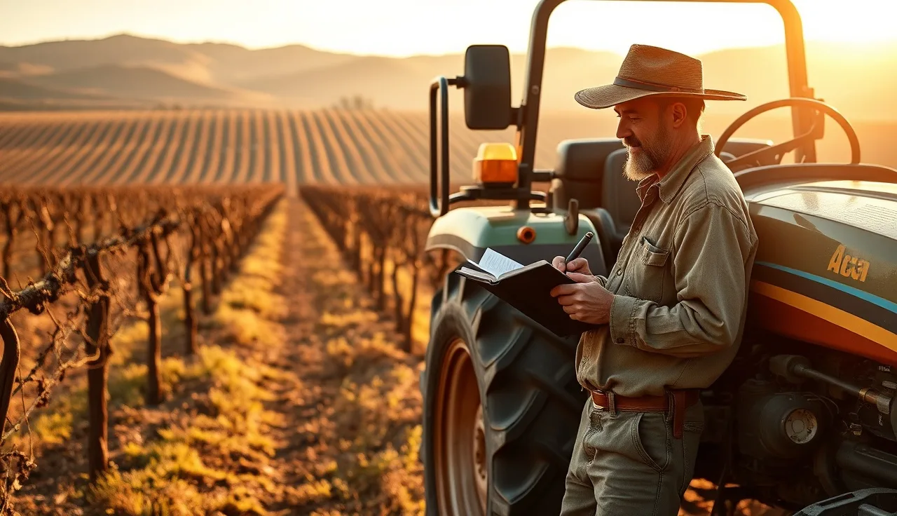 Vineyard worker recording spray application details in a notebook beside a tractor sprayer