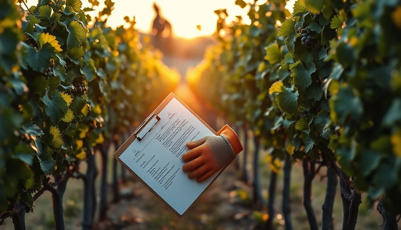 Vineyard worker reviewing spray application notes between grapevine rows at dawn