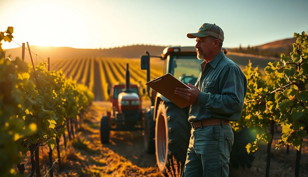 Vineyard worker holding spray log clipboard next to tractor sprayer between vine rows