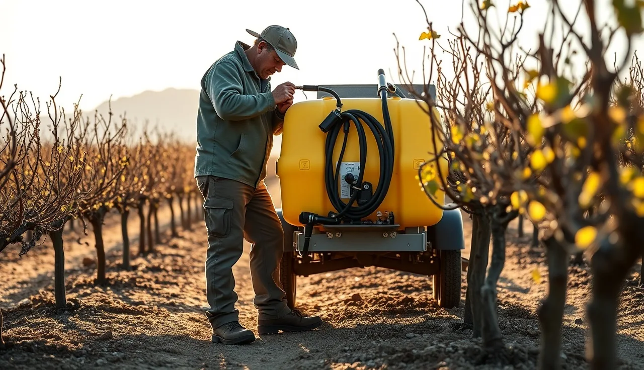 Vineyard worker calibrating nozzle on airblast sprayer between grapevine rows at dawn