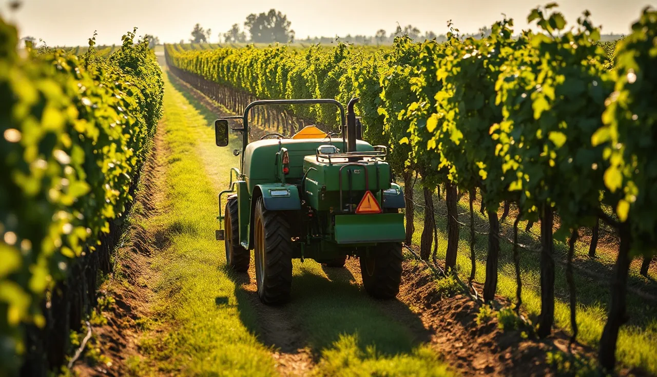 Tractor pulling airblast tower sprayer through grapevine rows in morning light