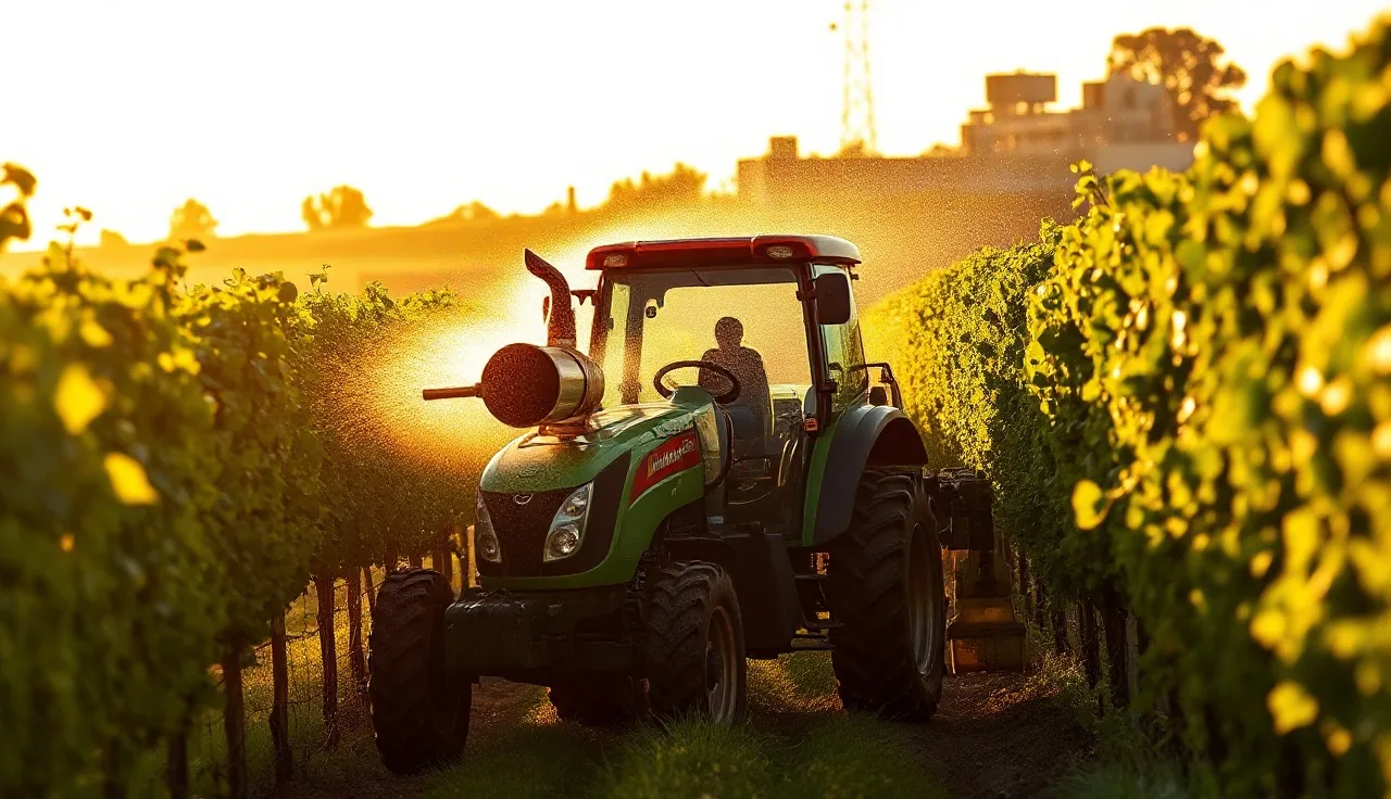 Airblast sprayer moving through a vineyard row at dawn with visible spray droplets