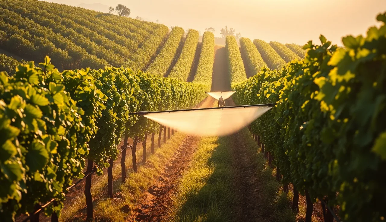 Airblast sprayer applying fungicide through green grapevine rows at dawn