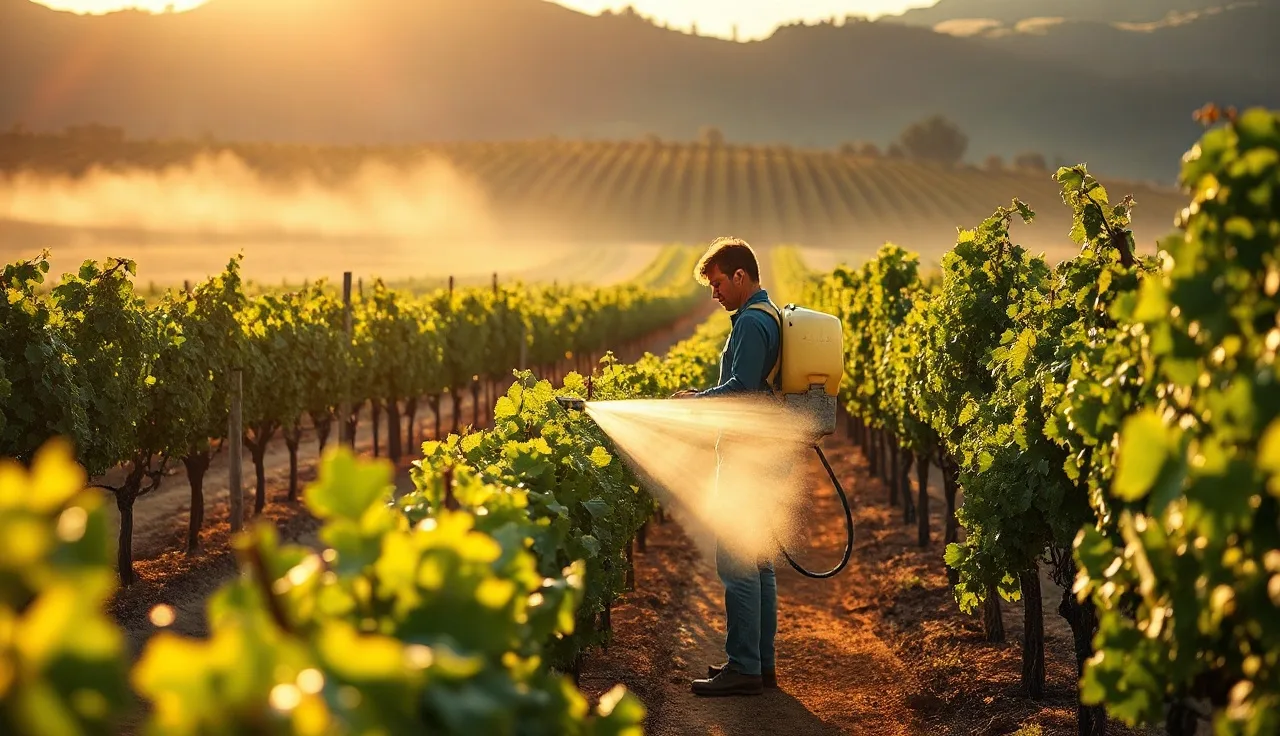 Airblast sprayer applying sulfur to grapevines between rows at dawn
