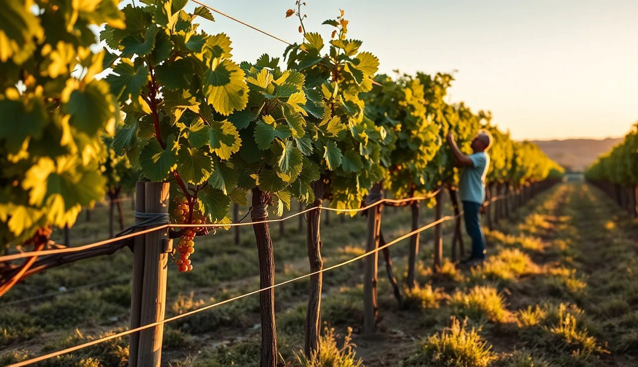 Worker adjusting shoots on a wooden post vineyard trellis system at golden hour