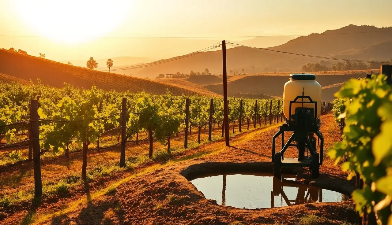 Vineyard sprayer parked near irrigation pond at dawn before pesticide application