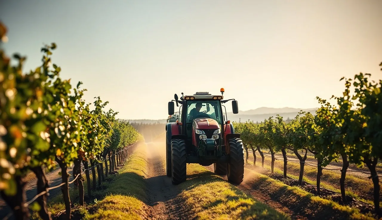 Tractor boom sprayer applying herbicide under vineyard trellis wire at dawn