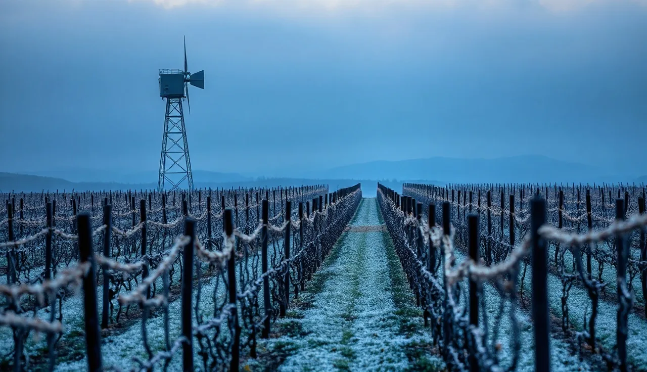Wind machine tower running above frost-covered dormant vineyard rows at pre-dawn