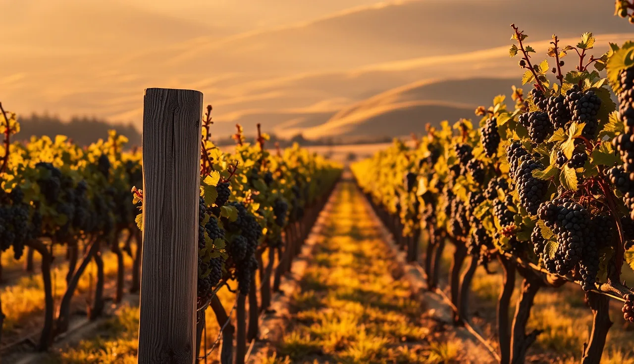 Vineyard rows with ripe grape clusters in late-afternoon harvest light