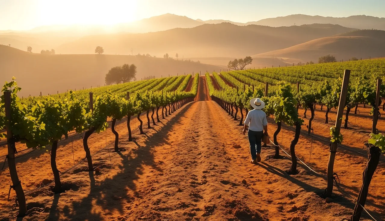 Vineyard manager walking between grapevine rows in early morning light