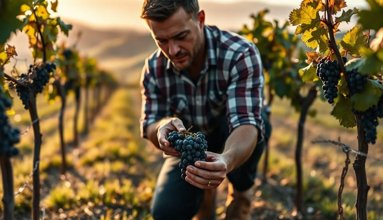 Vineyard manager examining grape clusters between vine rows at dawn