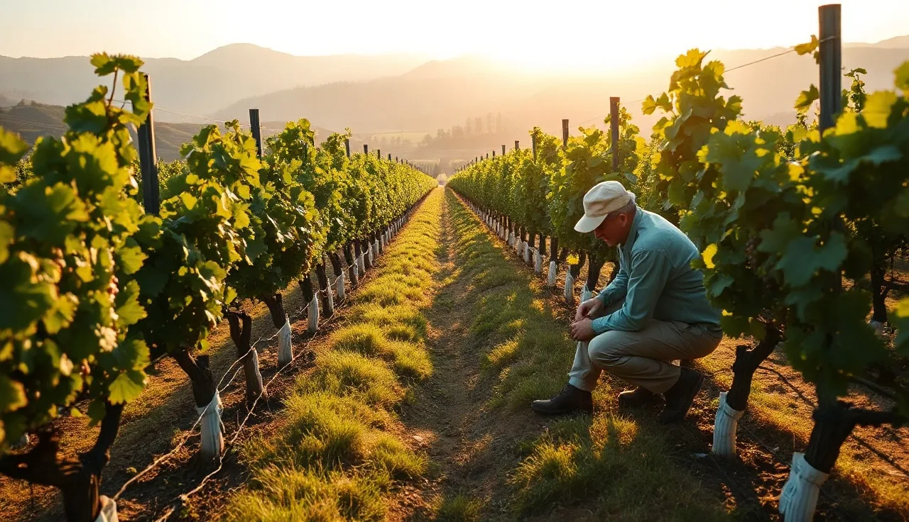 Researcher examining grapevine clusters at sunrise in a California vineyard
