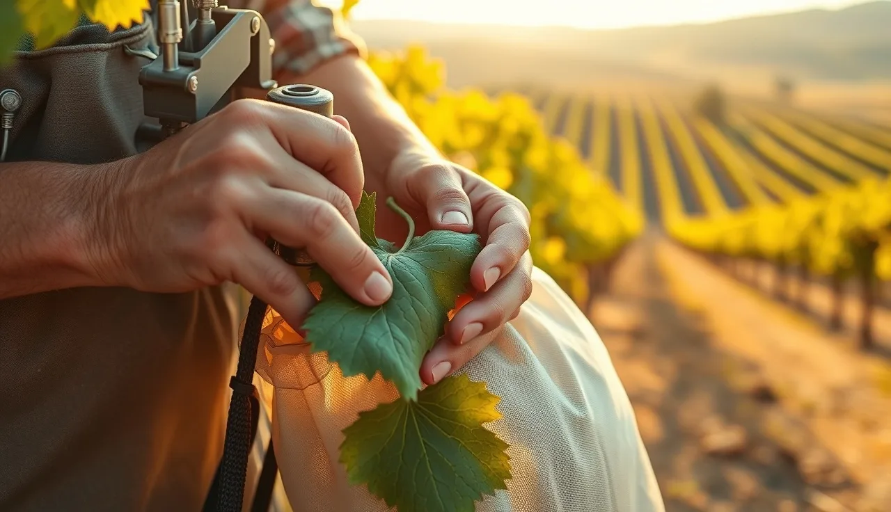 Vineyard worker measuring vine water stress with a pressure chamber in a sunny vineyard