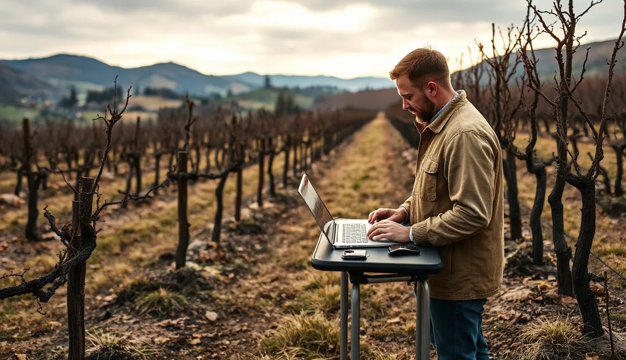 Vineyard manager with laptop and notes beside dormant grapevines in early morning light