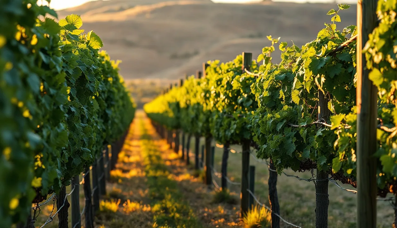 VSP trellis rows with vertical canopy walls lit by afternoon sun in a vineyard