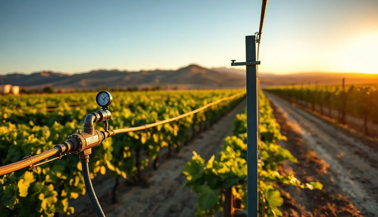 Drip irrigation flow meter mounted in a vineyard row at golden hour