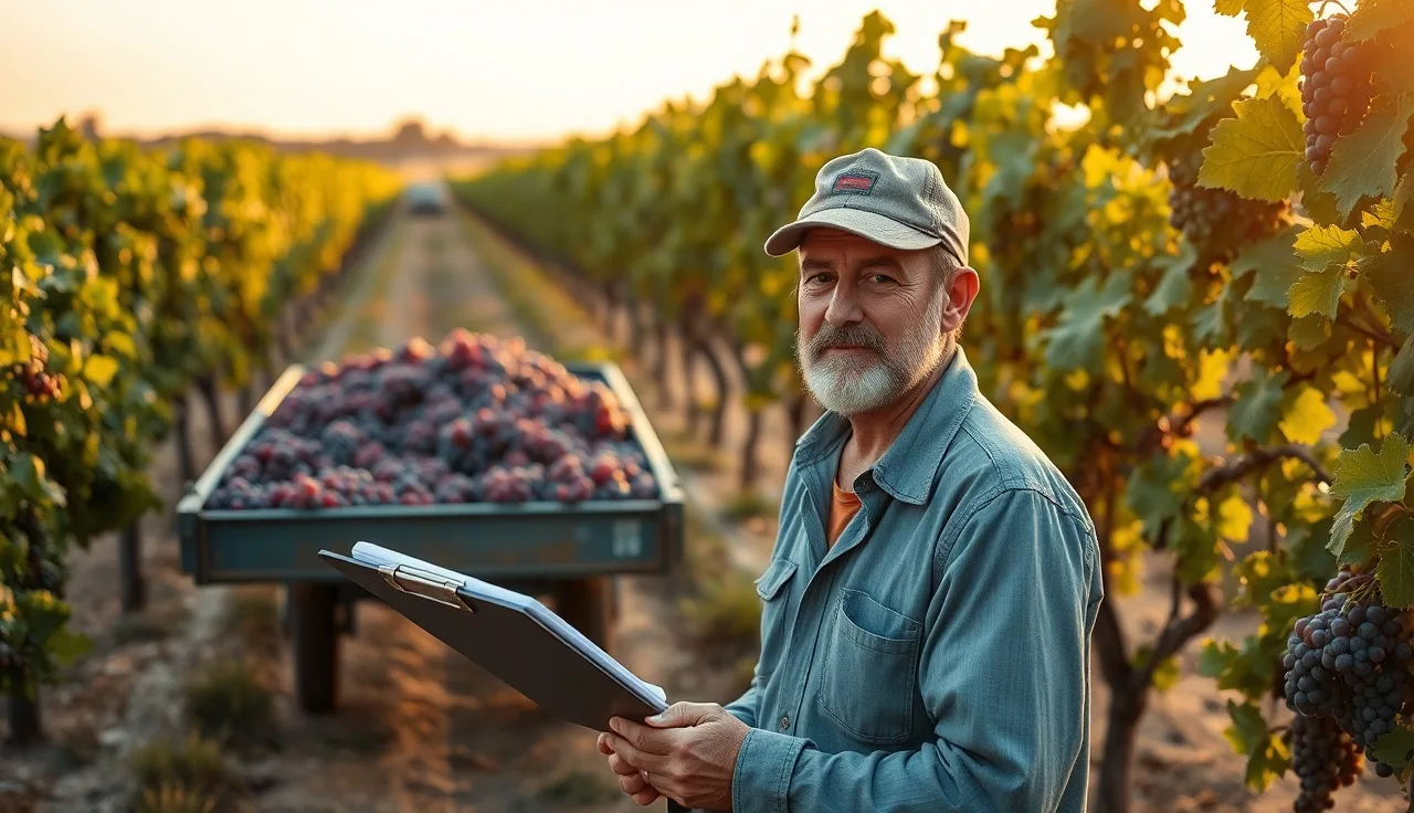 Vineyard worker at weigh station with gondola of red grapes at harvest