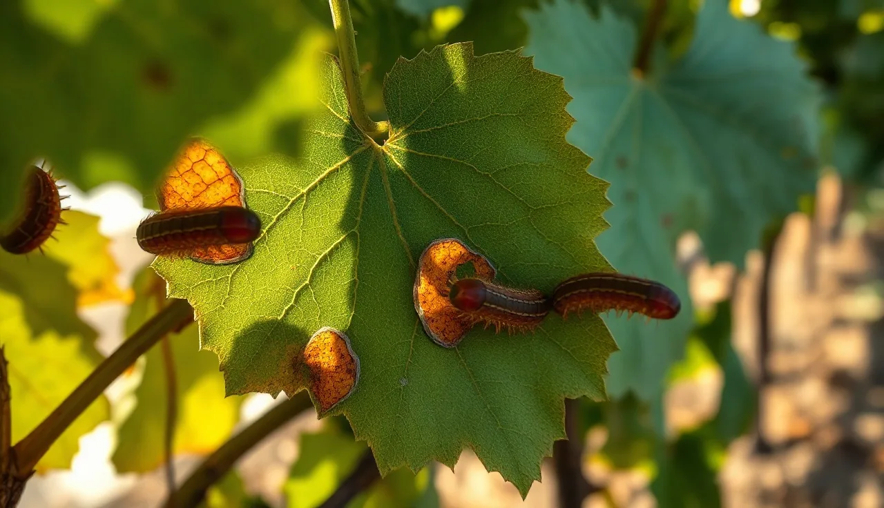 Skeletonized grapevine leaves with larval clusters visible on lower leaf surface