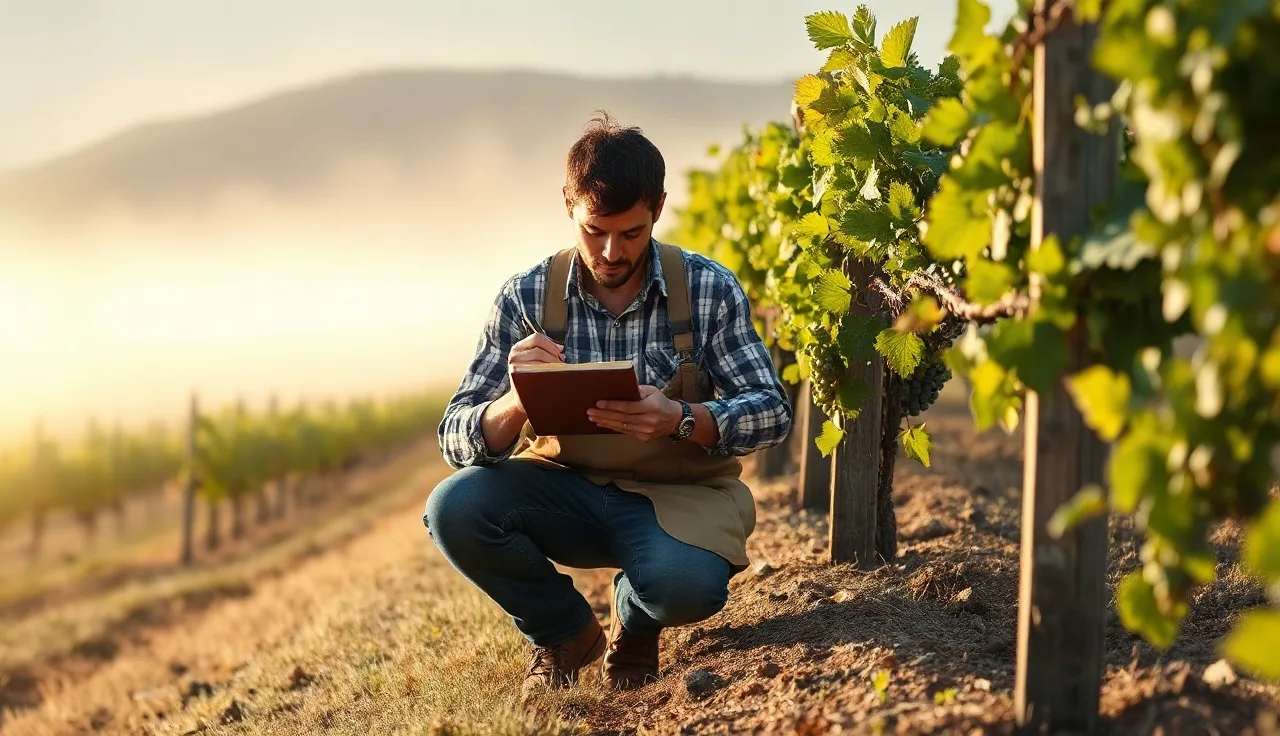 Vineyard manager recording pesticide application details in a field notebook beside grapevines